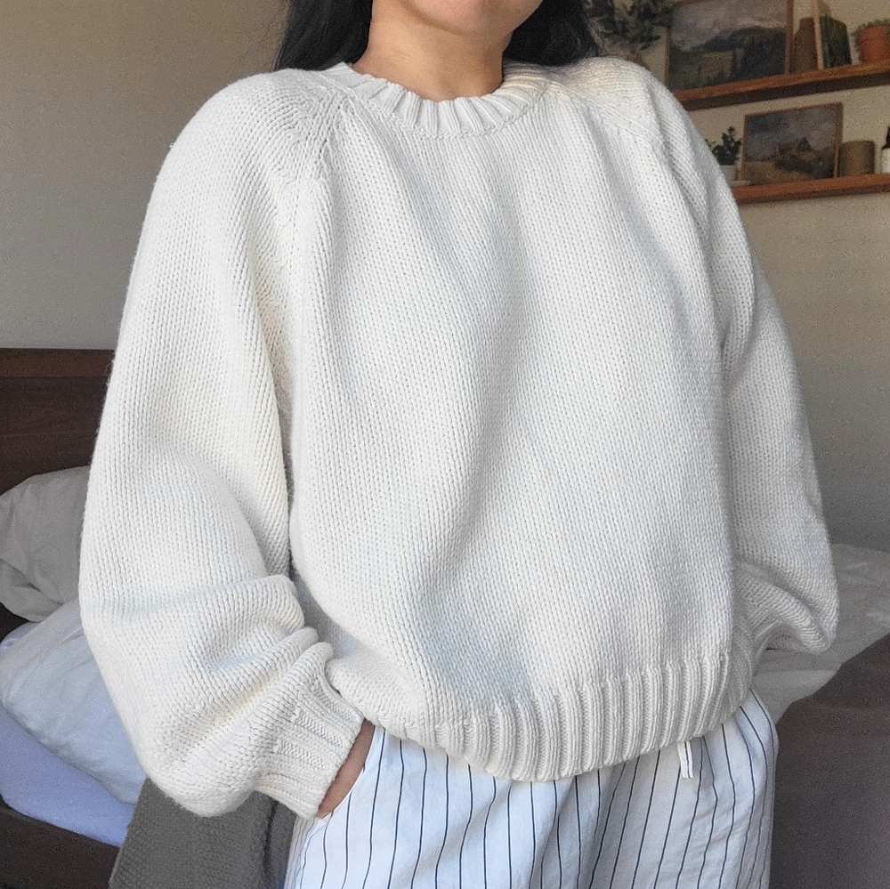cream knit wool cotton blend oversized slouchy balloon sleeve cropped sweater 🐑